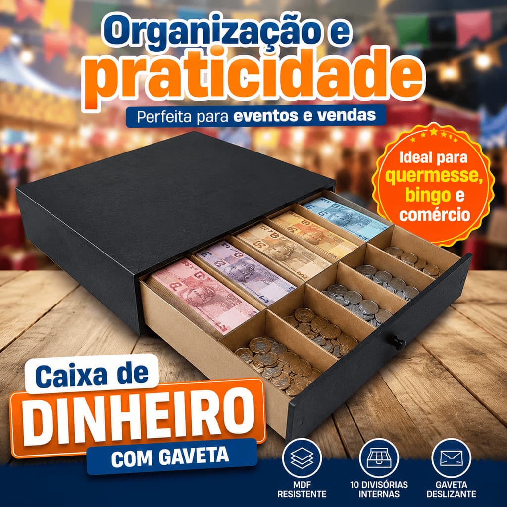 Caixa Porta Cédulas e Moedas MDF 38x26x7cm Gaveta Preta para Comércio e Eventos