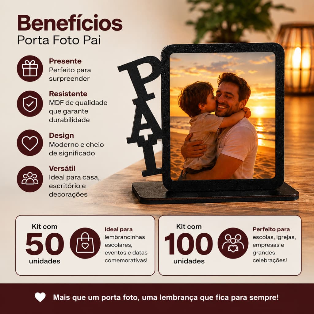 Kit Porta Retrato Pai MDF Preto Foto 10x15 Presente Dia dos Pais Decoração