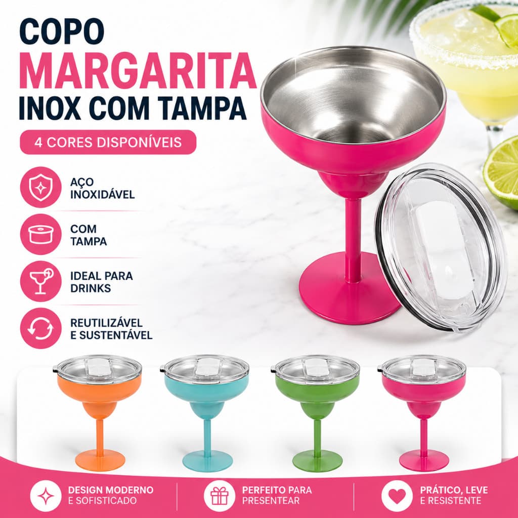 Copo Margarita Inox Vaanshie com Tampa Taça Colorida para Drinks Sucos Festas Sobremesas Decoração Mesa