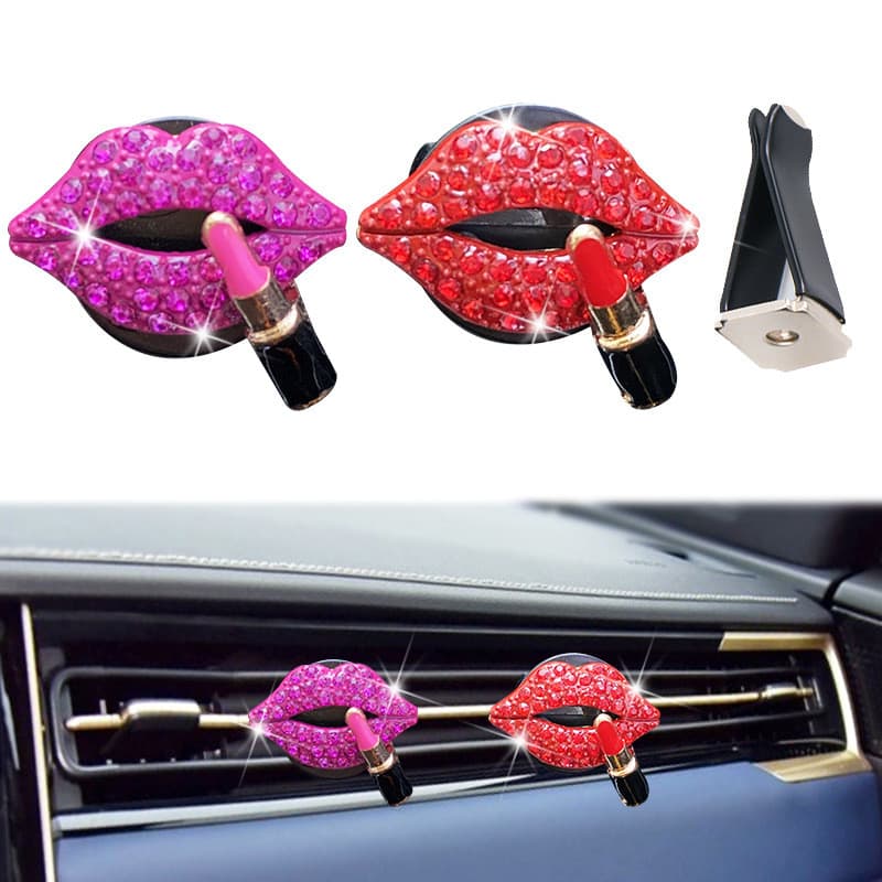 ENVIO RÁPIDO: Clipe de Perfume Labial para Saída de Ar do Carro, Decoração com Strass Brilhantes, Formato de Batom, Clip