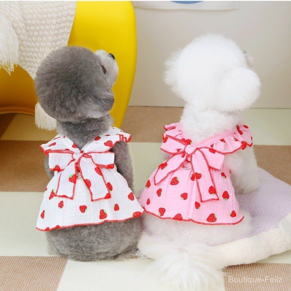 Vestido de Verão Fofo para Cães Pequenos e Meninas, Laço com Babados de Morango e Anel para Coleira, Roupa para Animais
