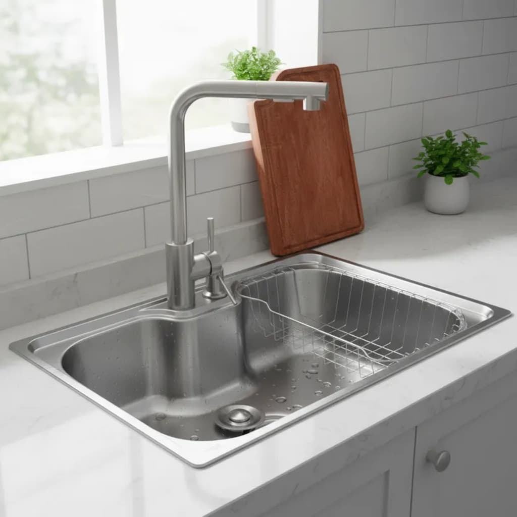 CUBA 60X42CM AÇO INOX ESCOVADO + TORNEIRA EXTENSÍVEL E TÁBUA