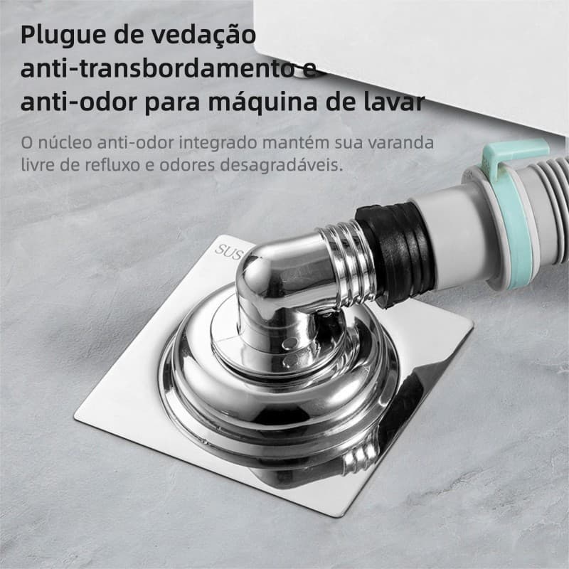 Conector de três vias para dreno de piso de máquina de lavar, à prova de odores e anti‑transbordo