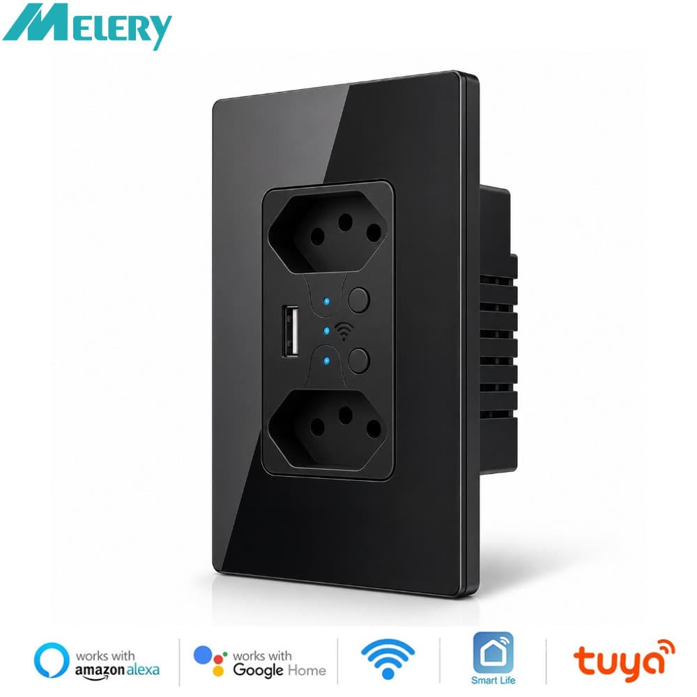 Melery Brasil WiFi Vida Inteligente Tomada De Parede Dupla Tuya Elétrica 10A PC/Painel Toque Vidro Alexa Google Casa Ass