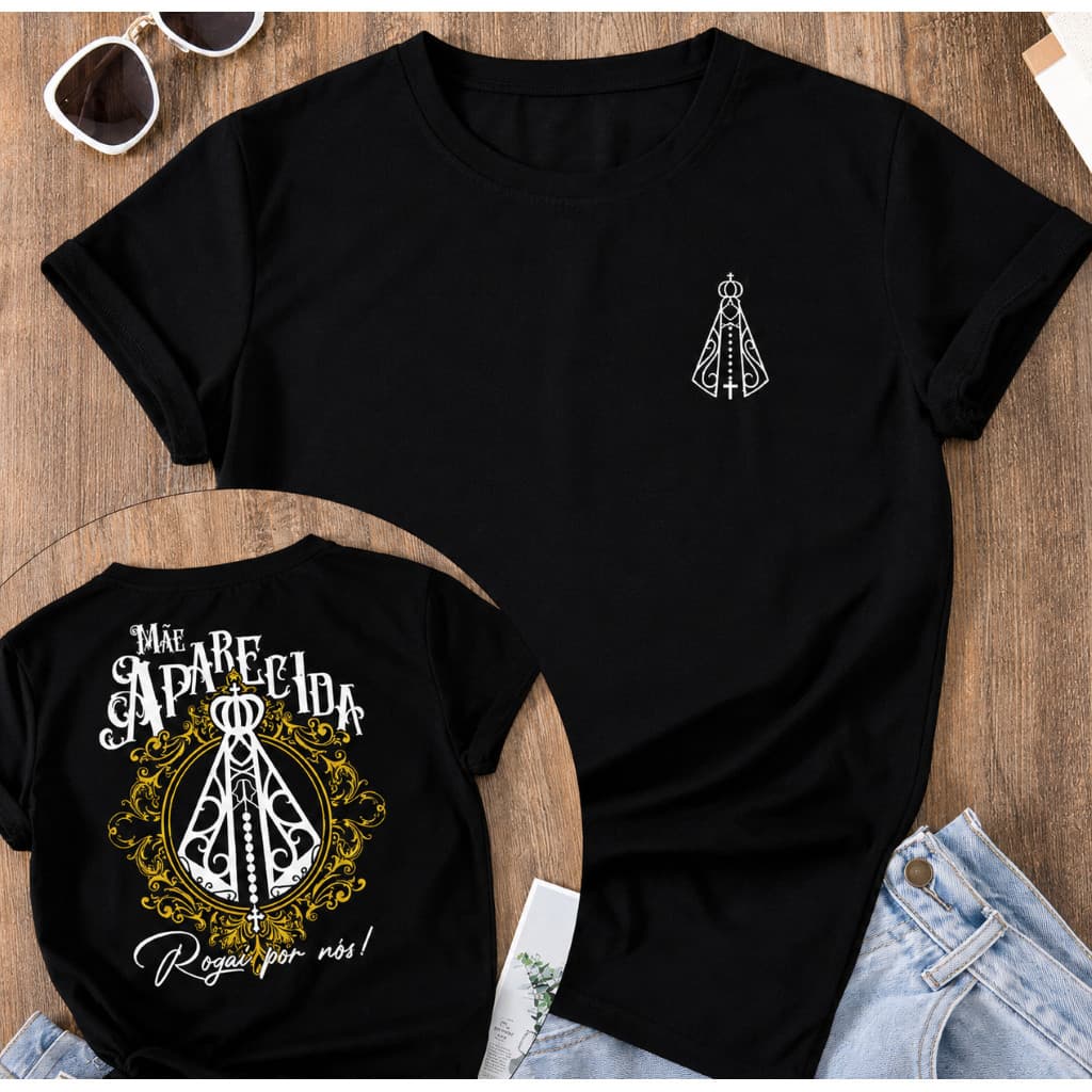 Camiseta Tradicional  Jesus petalas de rosas Maria Mãe Aparecida Religiosa Cristã 100% Algodão Envio Rápido