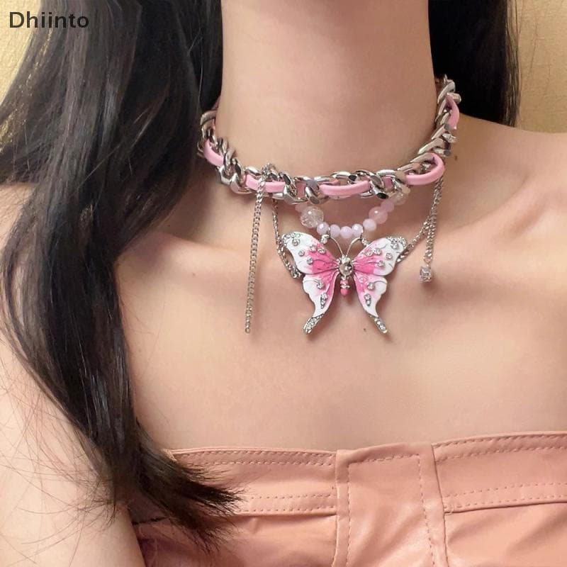 [Dhiint] Moda Borboleta sel Nelace Doce Legal Tempero Menina Temperamento Exagero Luz Design De Luxo Couro Clavícula Cor