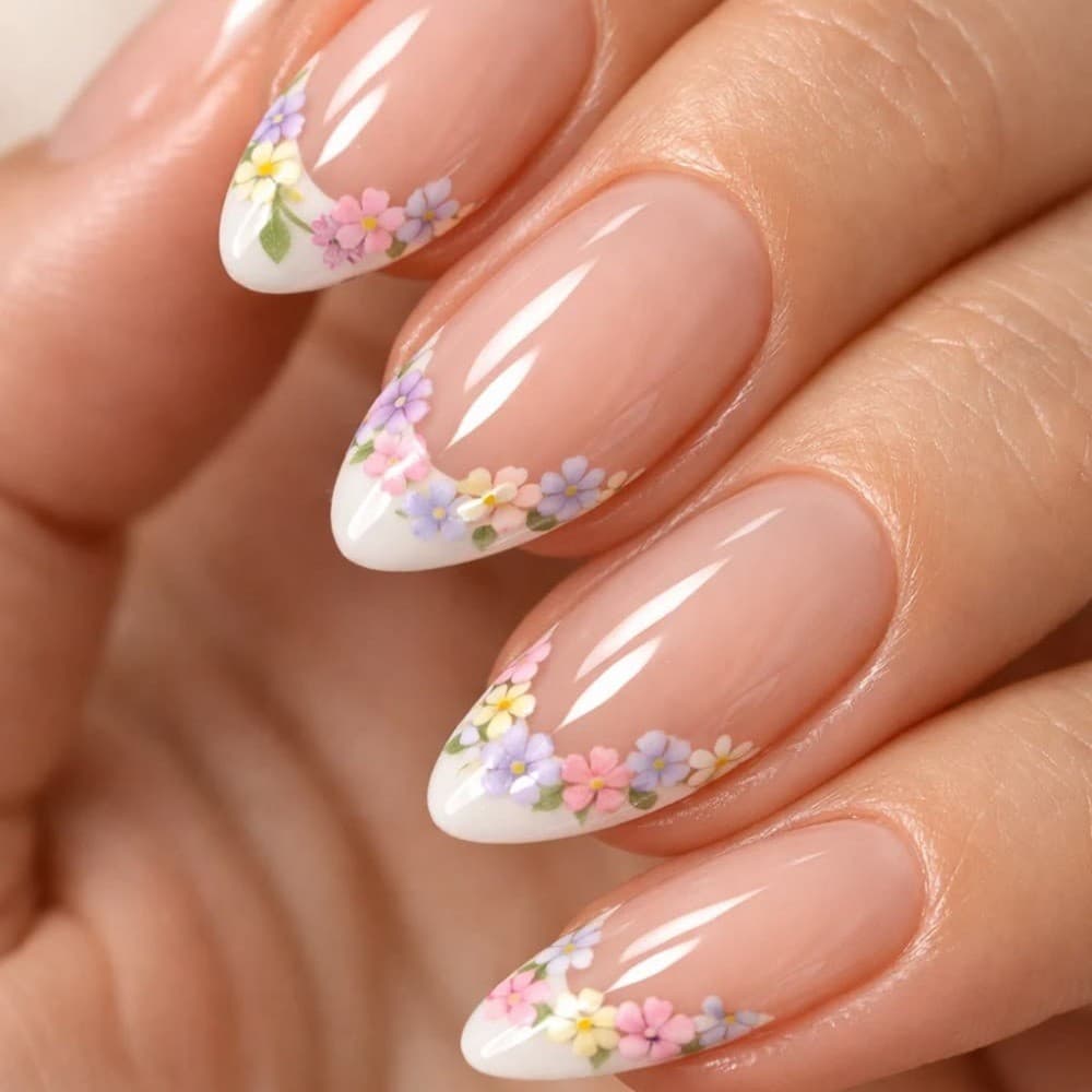 Prensa Francesa Floral Em Unhas , 24 Peças , Amêndoa , Flor Colorida , Simples , Removível , Pontas De Falsas Com Ferram