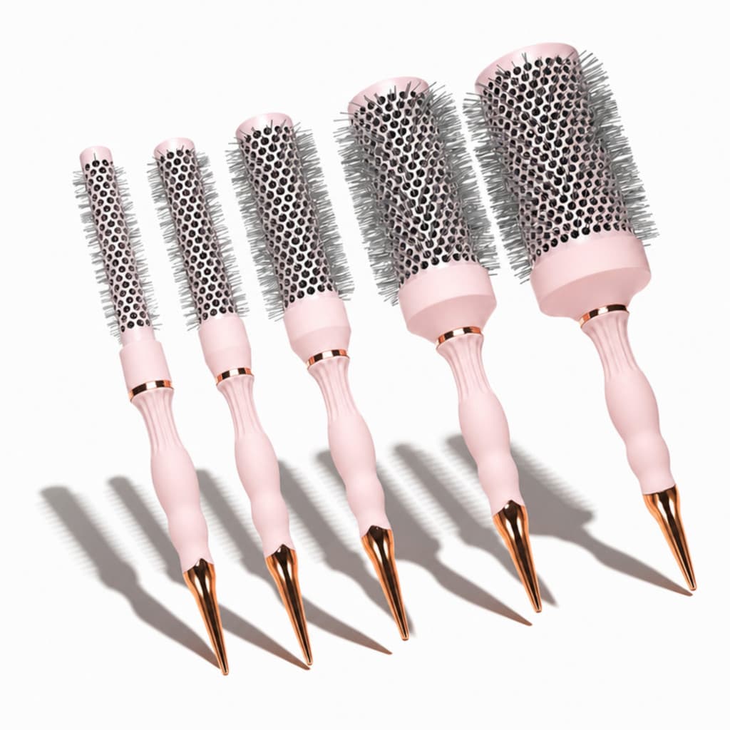 Kit 5 Escovas De Cabelo Profissional Térmica Alumínio Rosa Modeladora Cerdas Nylon Secagem Rápida