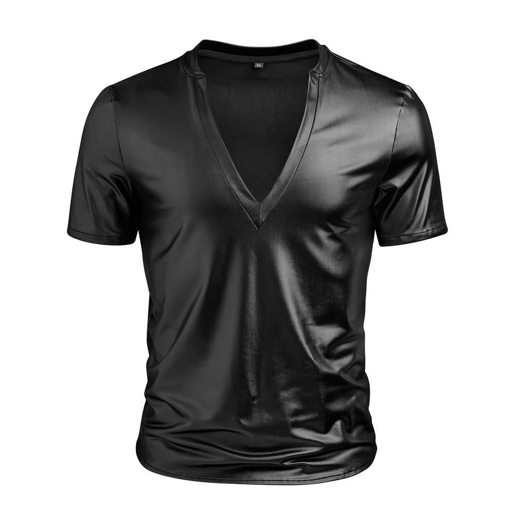 Camisa Masculina de Verão com Base Fosca e Tecido Elástico Macio e Refrescante, Design com Decote em V, Manga Curta Casu