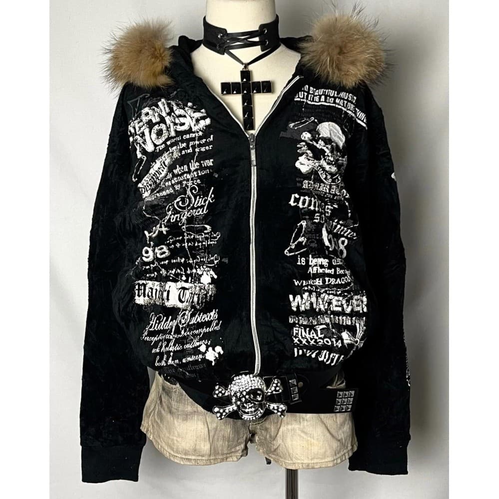 Americano Streetwear Retro Harajuku Crânio Impressão Feminina Fino Ajuste Com Capuz Gola De Pele Jaqueta