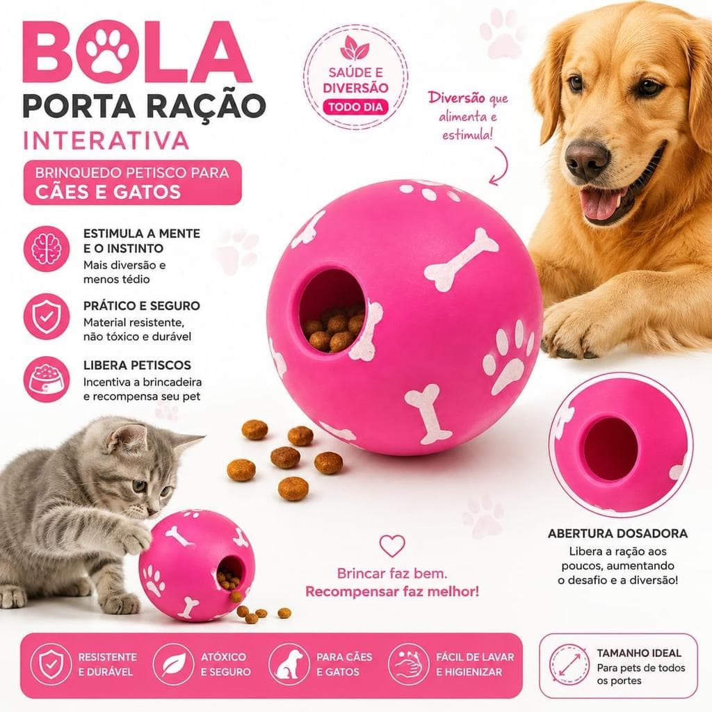 Bola Porta Ração Pet Interativa Brinquedo Petisco para Cães e Gatos