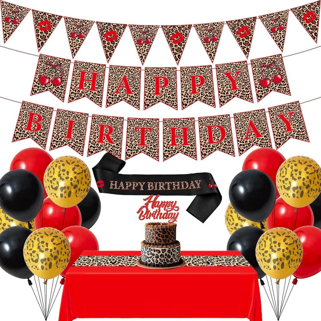 Decorações de Aniversário Cheetah Cherry para Mulheres - Kit com 24 Peças: Faixas com Estampa de Leopardo Vermelho e Pre