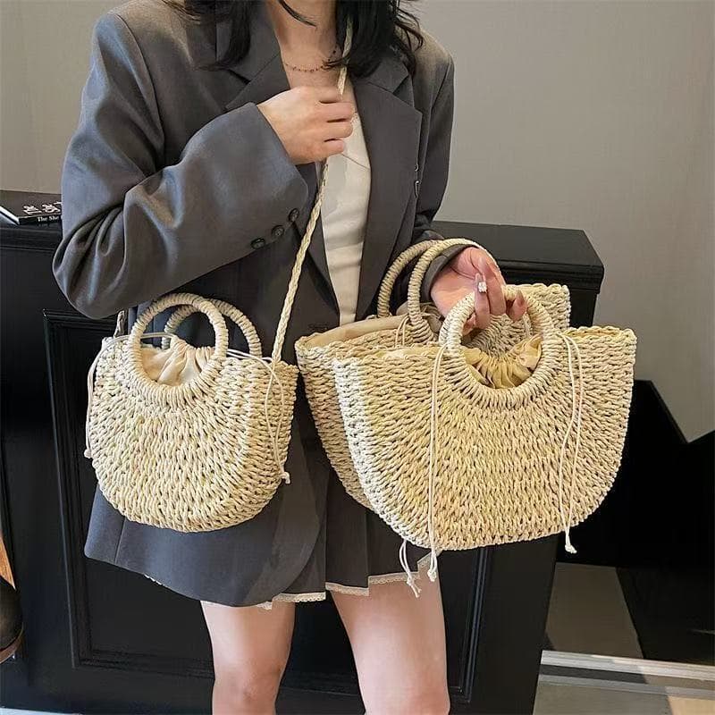 Bolsa redonda de palha trançada, bolsa artesanal, bolsa de mão semicircular de palha e corda de papel, bolsa de praia ve