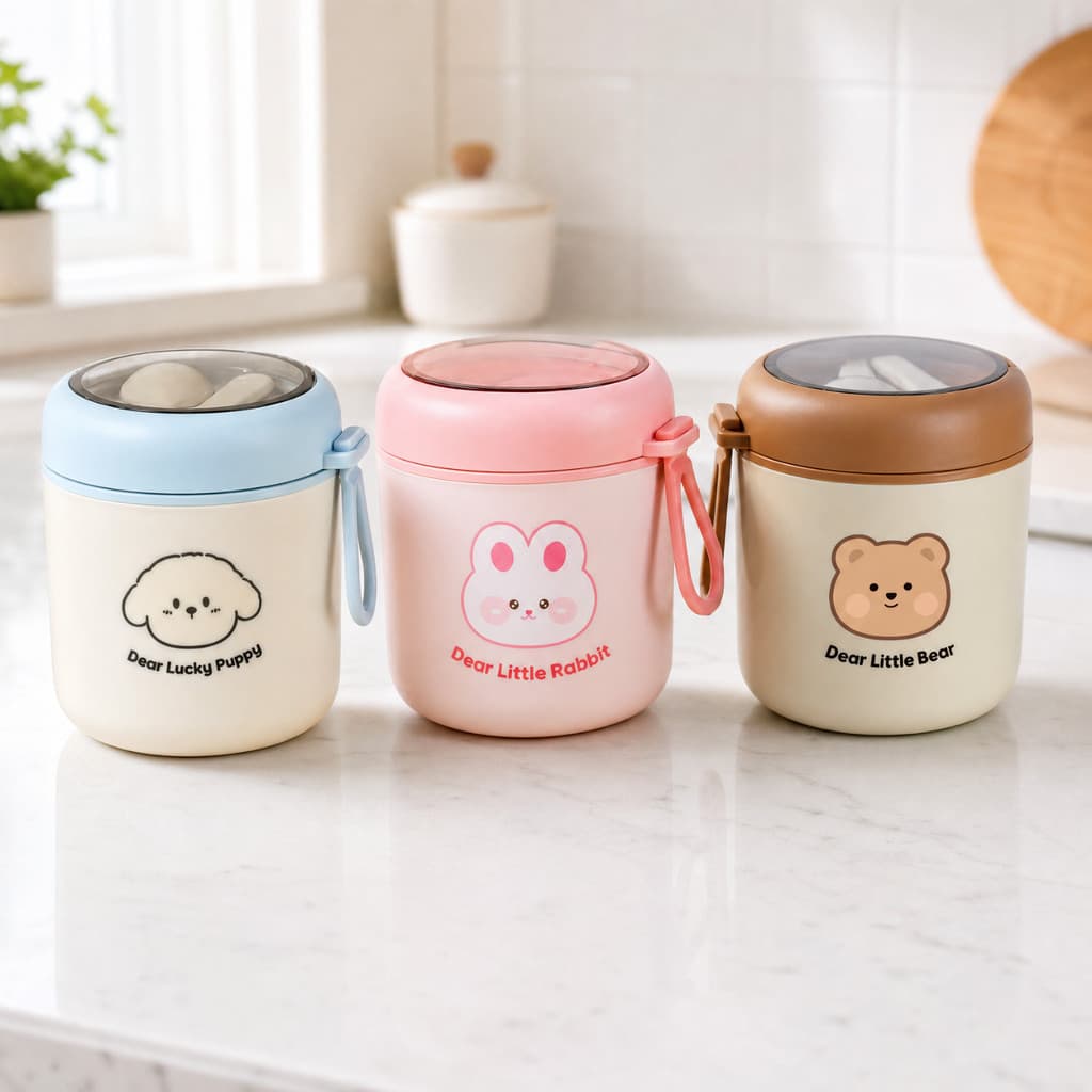 Marmita Térmica Infantil 530ml com Talheres Aço Inox 304 Pote Lancheira Fofo Kawaii