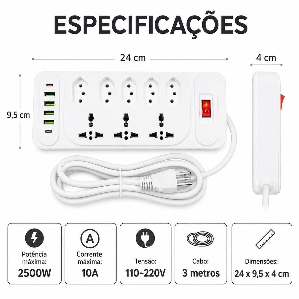Filtro de Linha Extensão 8 Tomadas 4 USB 2 Type-C Cabo 3m 2500W Bivolt