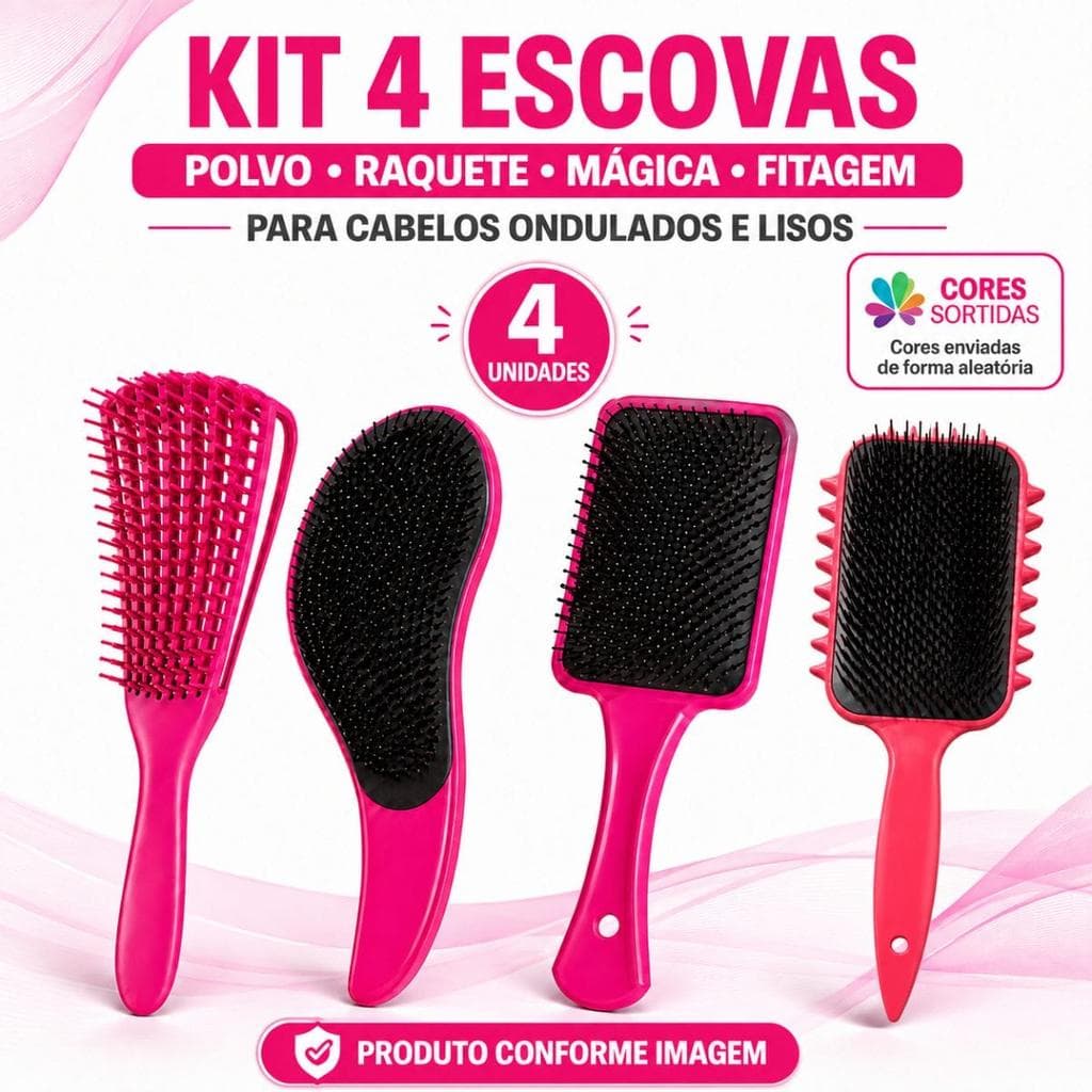 Kit 4 Escovas De Cabelos, Mágica, Polvo, Fitagem E Raquete