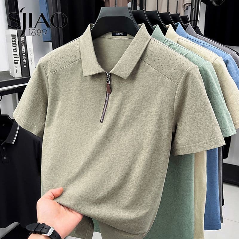 Camiseta de verão de manga curta com zíper lapela Casual masculina meia manga Top estilo Hong Kong bonito luz luxo