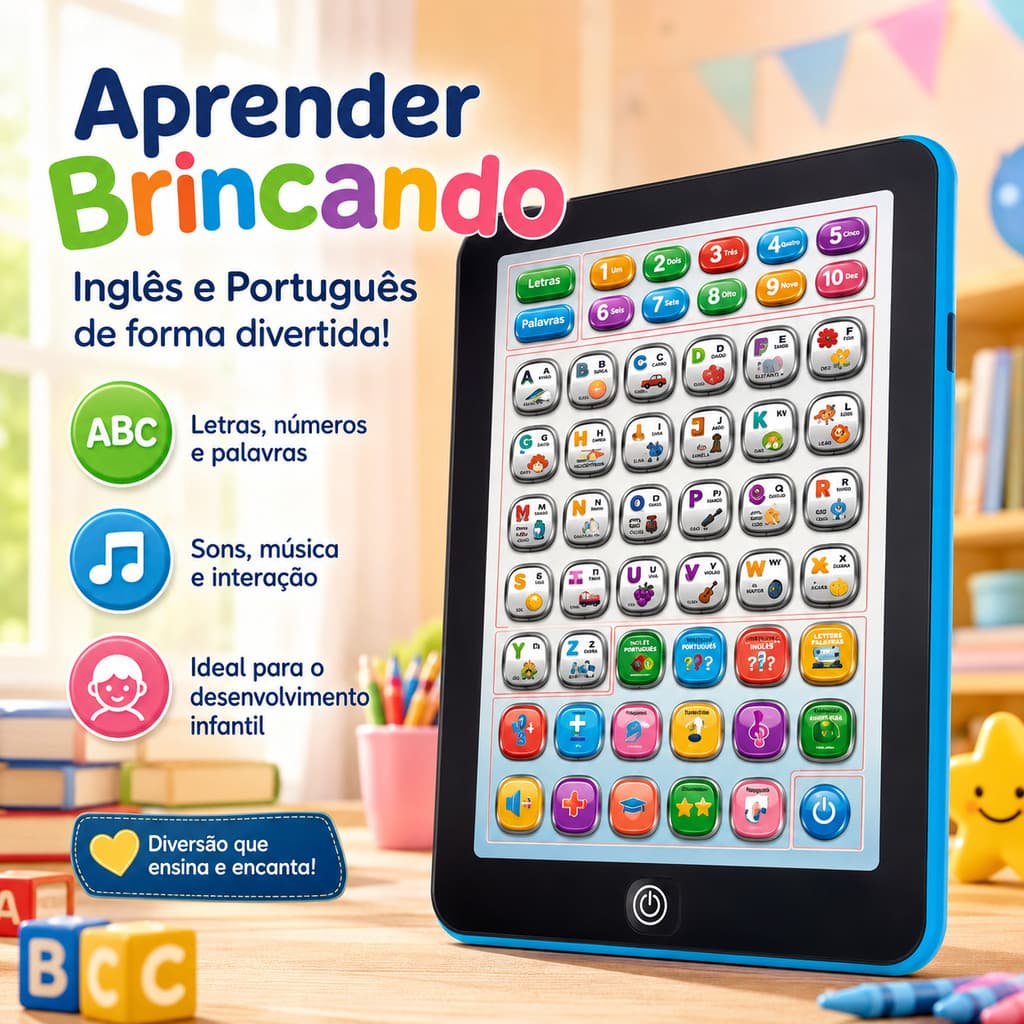 Tablet Interativo Educativo Infantil Som Música Bilingue Português Inglês Estimulação Cognitiva Linguística Bebê Criança