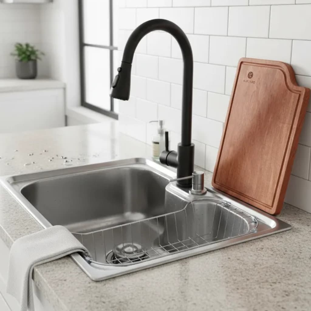 CUBA 50X40CM EM INOX 304 + TORNEIRA EXTENSÍVEL PRETA E TÁBUA