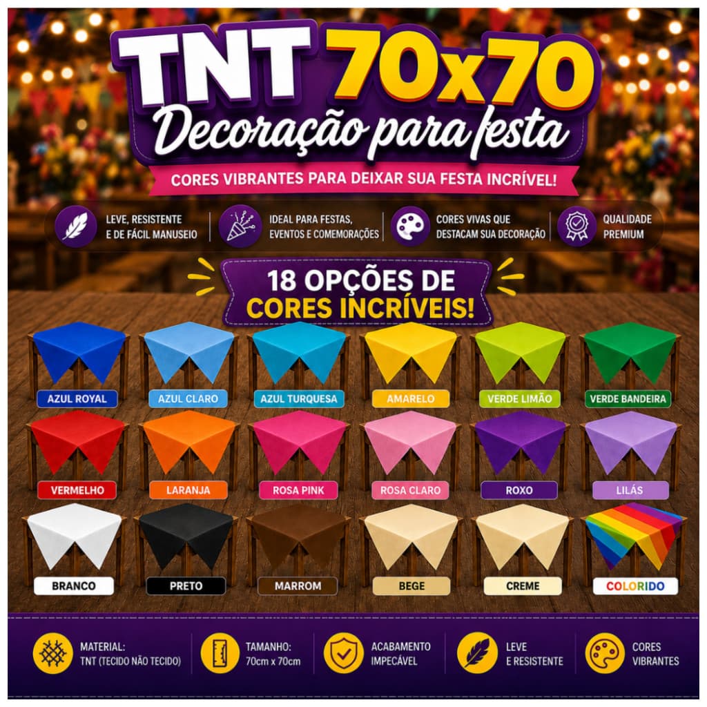 Kit 5/10/15/20 Toalhas TNT 70x70cm para Mesa Decoração de Festa 40g/m² | 18 Cores para Aniversário, Eventos