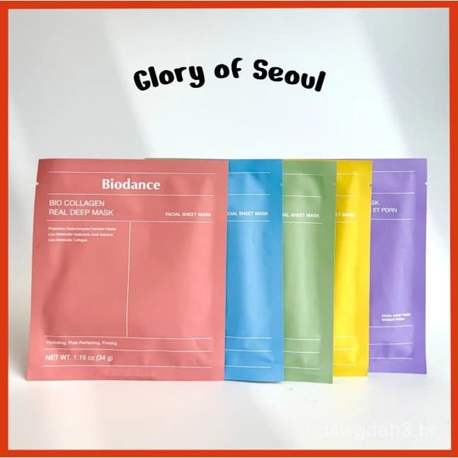 Pacote de Máscaras BIODANCE, 1 unidade (5 tipos) Bio-Colágeno / Cera-nol / Algas Marinhas Refrescantes / Niacinamida Rad