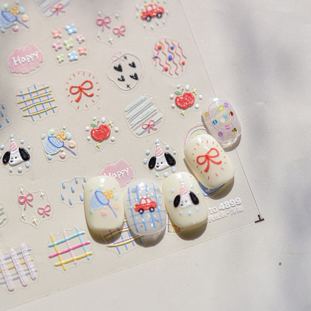 Filhote de cachorro dos desenhos animados colorido xadrez arco infantil Manicure adesivo DIY em relevo tridimensional ad