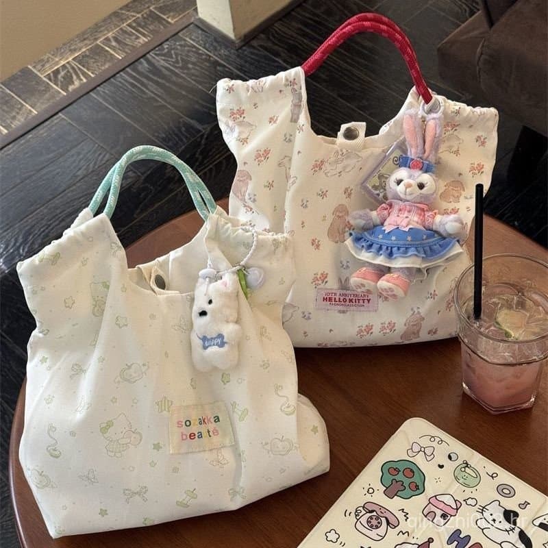 Bolsa de ombro de lona com estampa floral fofa para estudantes femininas, bolsa tote de grande capacidade, bolsa para o