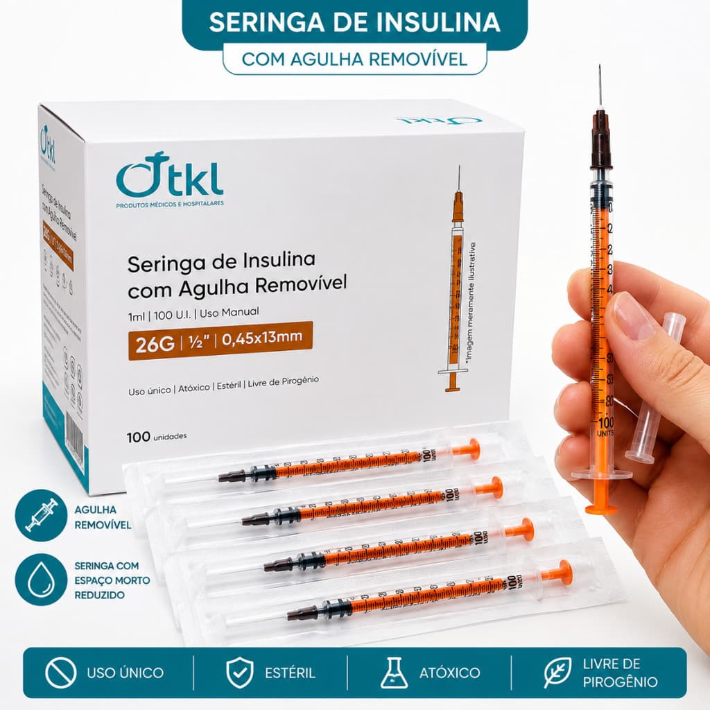 Seringa de Insulina 1ml 100UI TKL 26G 13x0,45mm Agulha Removível 100 Unidades