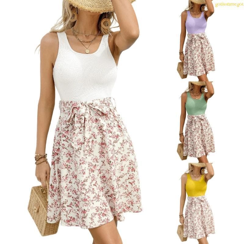 gotitonmegot Vestido Feminino Floral Praia, Redonda, Curta, Evasê Gravata
