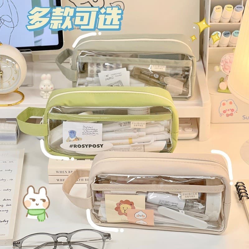 Estojo de lápis simples e transparente, caixa de papelaria de grande capacidade, estojo de lápis de estilo japonês com d