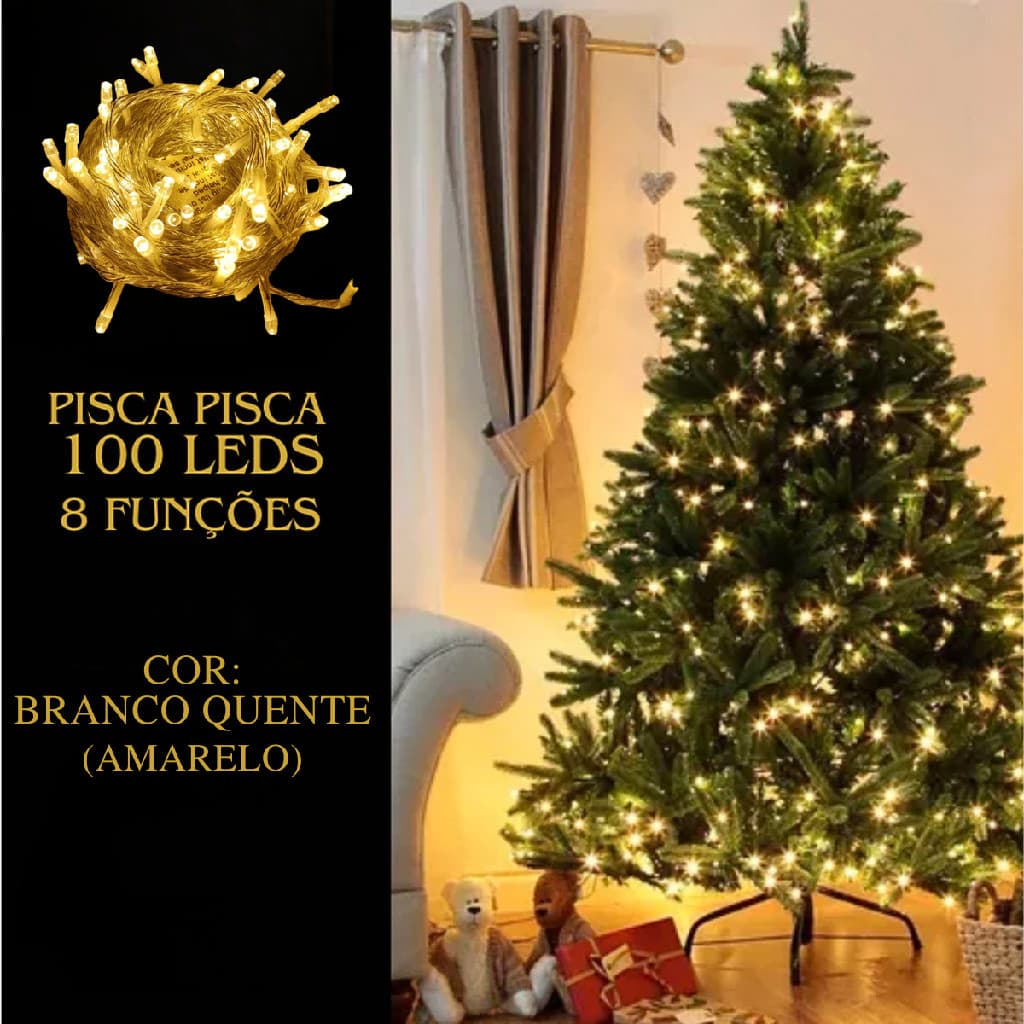 Kit 8 Pisca pisca Led Branco Quente 100 Leds 127V Fio Transparente Luzes Natal Decoração Natalina