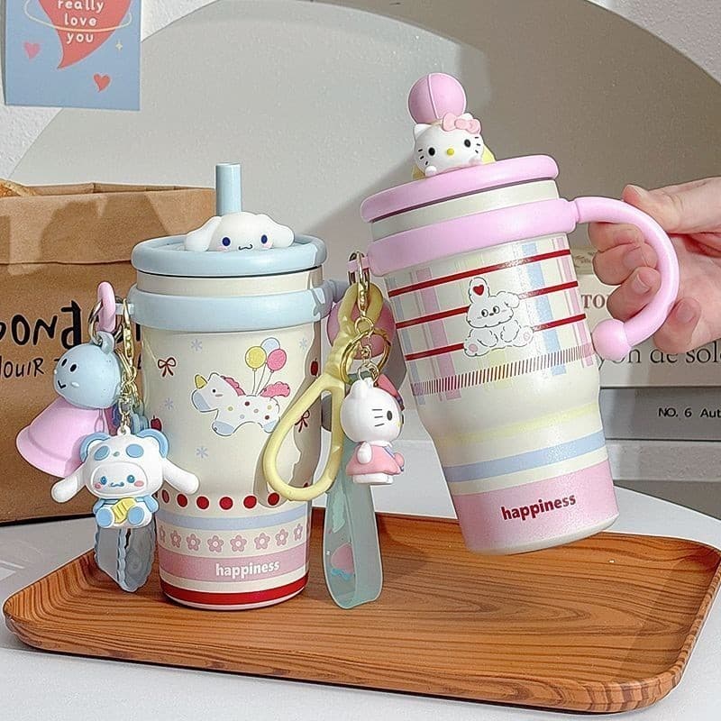 Novo hellokitty gato dos desenhos animados palha copo térmico menina copo de água de alto valor bonito estudante copo po
