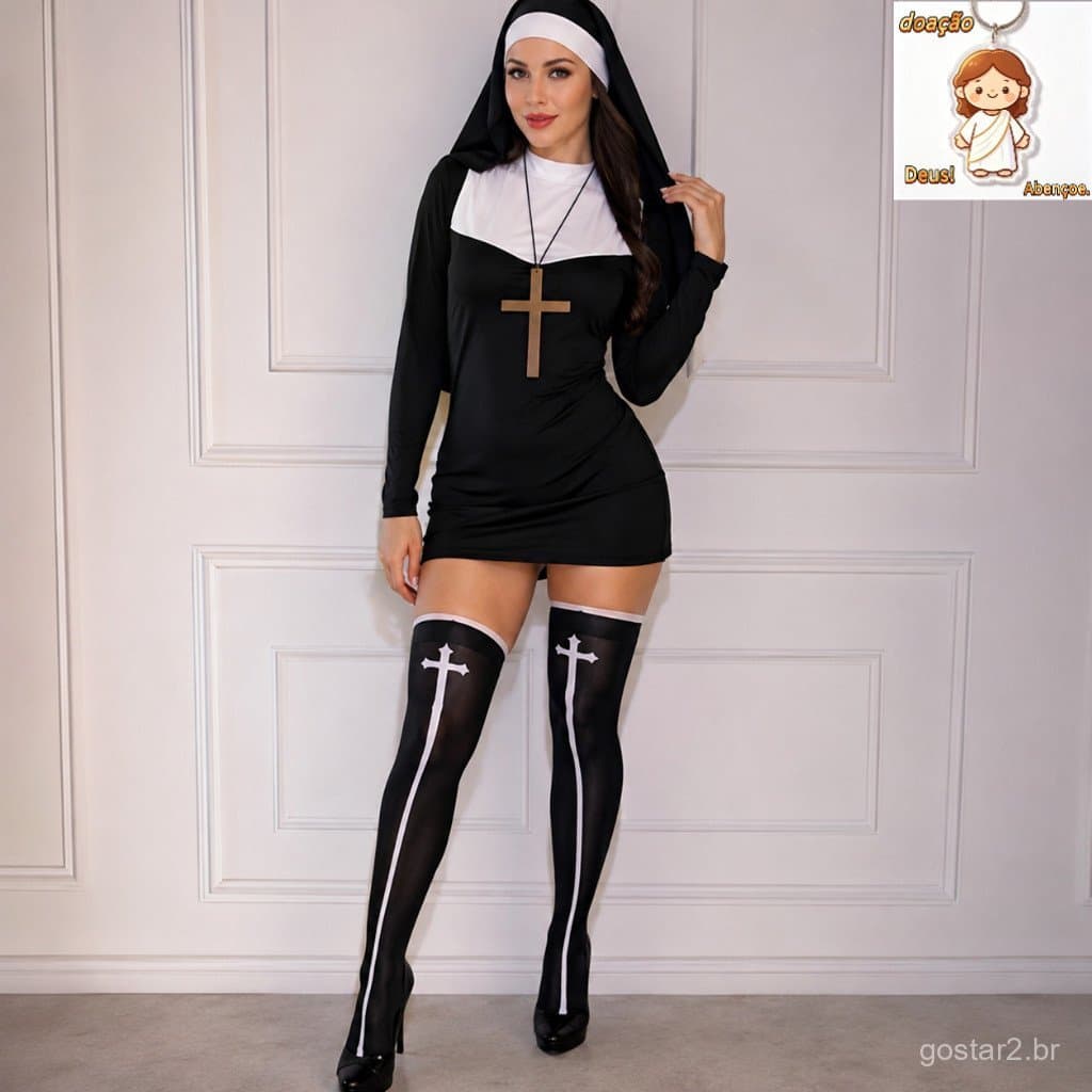 Kit de Fantasia de Freira 4 peças Véu Colar Crucifixo Meias Festa de Cosplay de Halloween