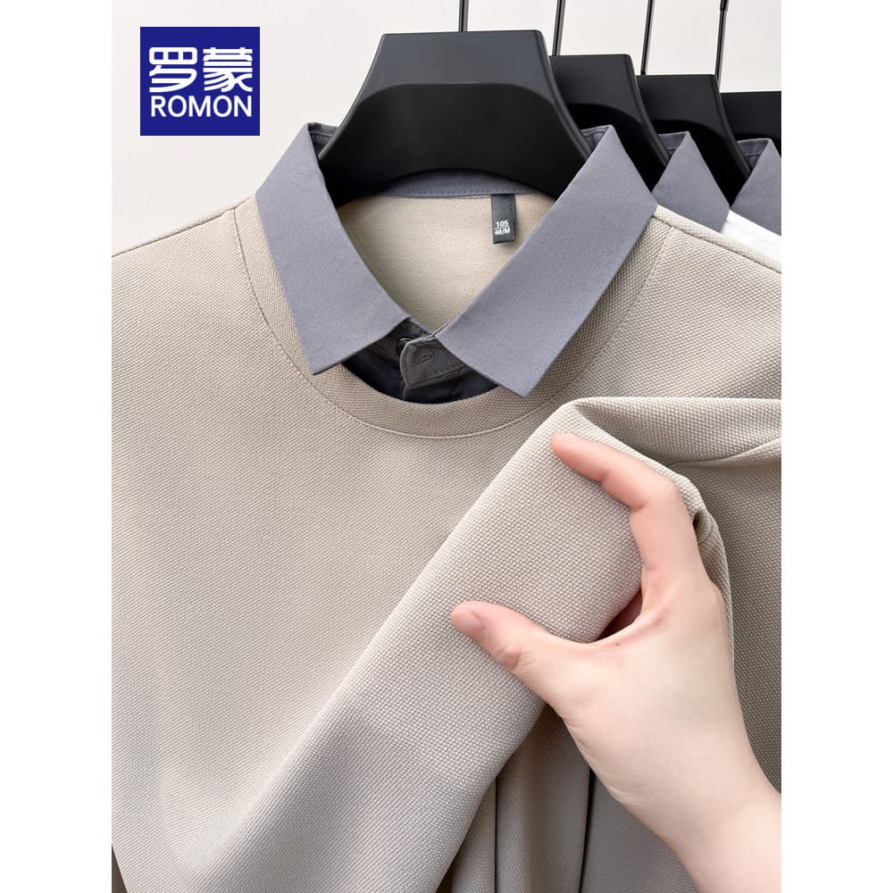 Lomon outono na moda solto camisa de fundo lapela camisa POLO falso camisa de duas peças gola de manga comprida camiseta