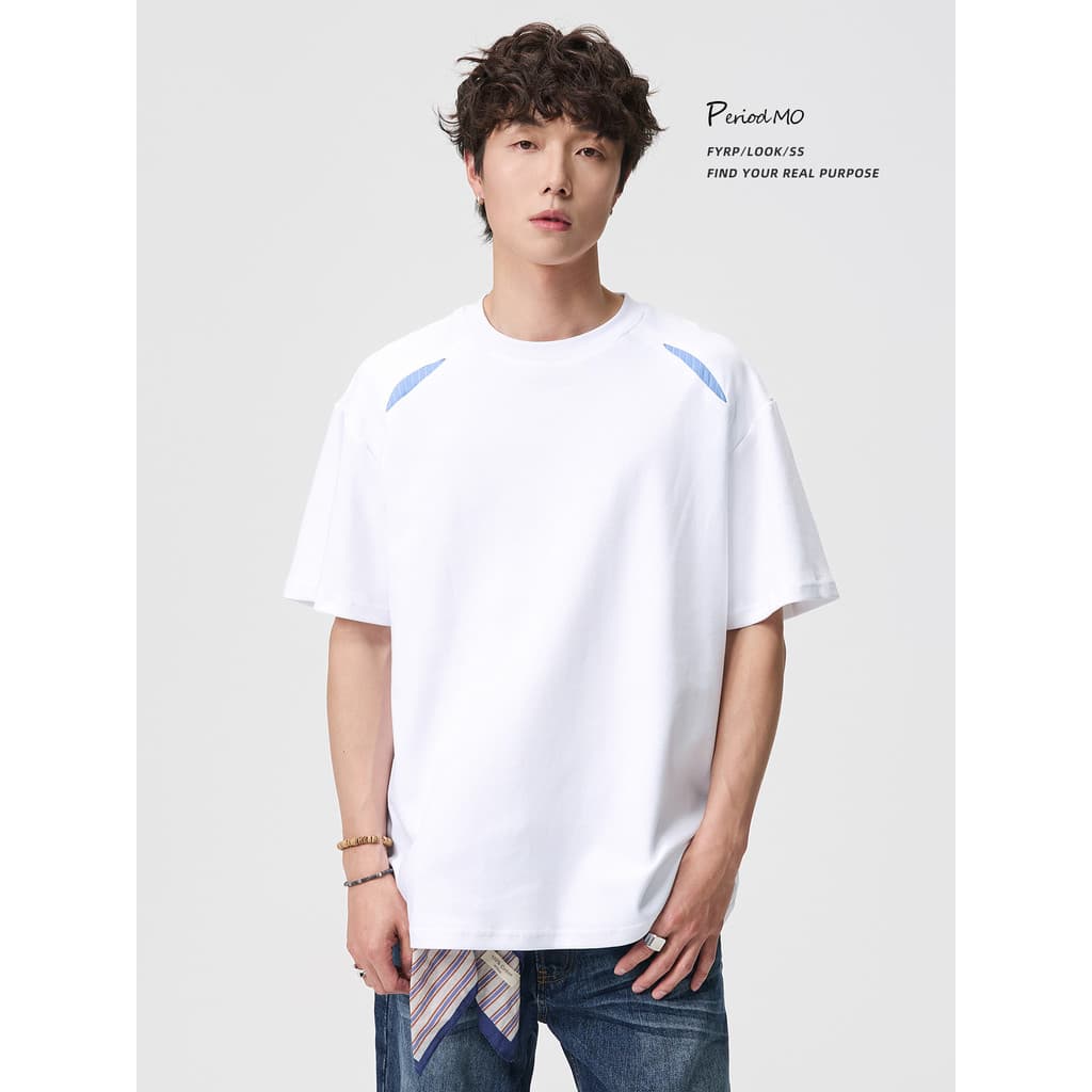 FYRP Momo Estilo Americano Contraste Cor Costura Esportes Camiseta de Manga Curta Homens Mulheres Verão ins Solto Pescoç