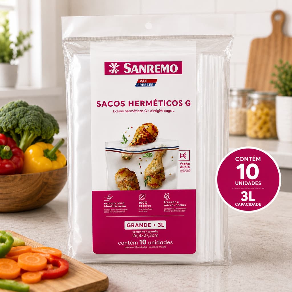 Saco Hermético 3L Fecho Duplo Freezer Alimentos 10 Un