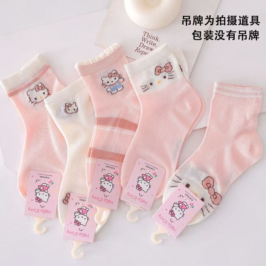 Crianças meias finas primavera verão malha respirável meninas olá Kitty dos desenhos animados estilo princesa tubo médio