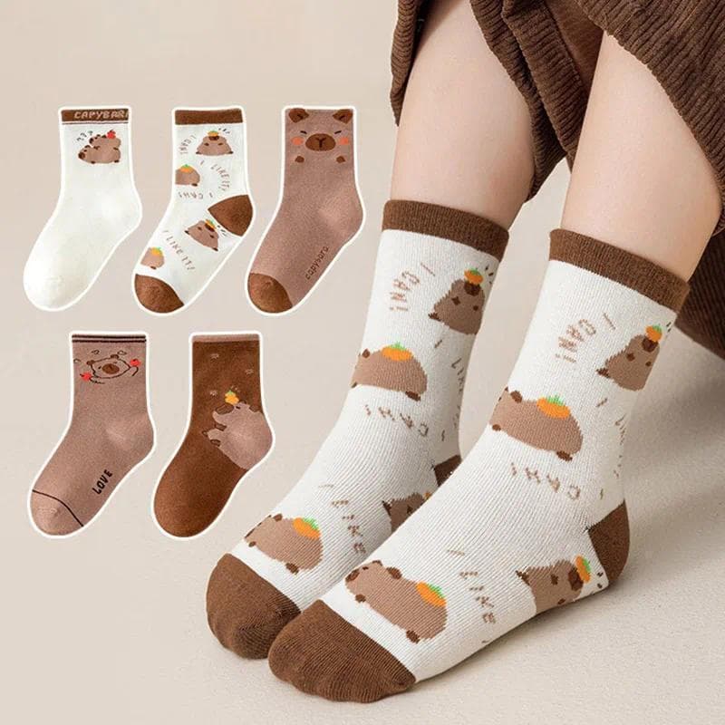 5 Pares De Meias Fofas De Capivara Para Crianças , Cano Médio De 3 A 12 Anos , Meninos E Meninas De Algodão Bebês