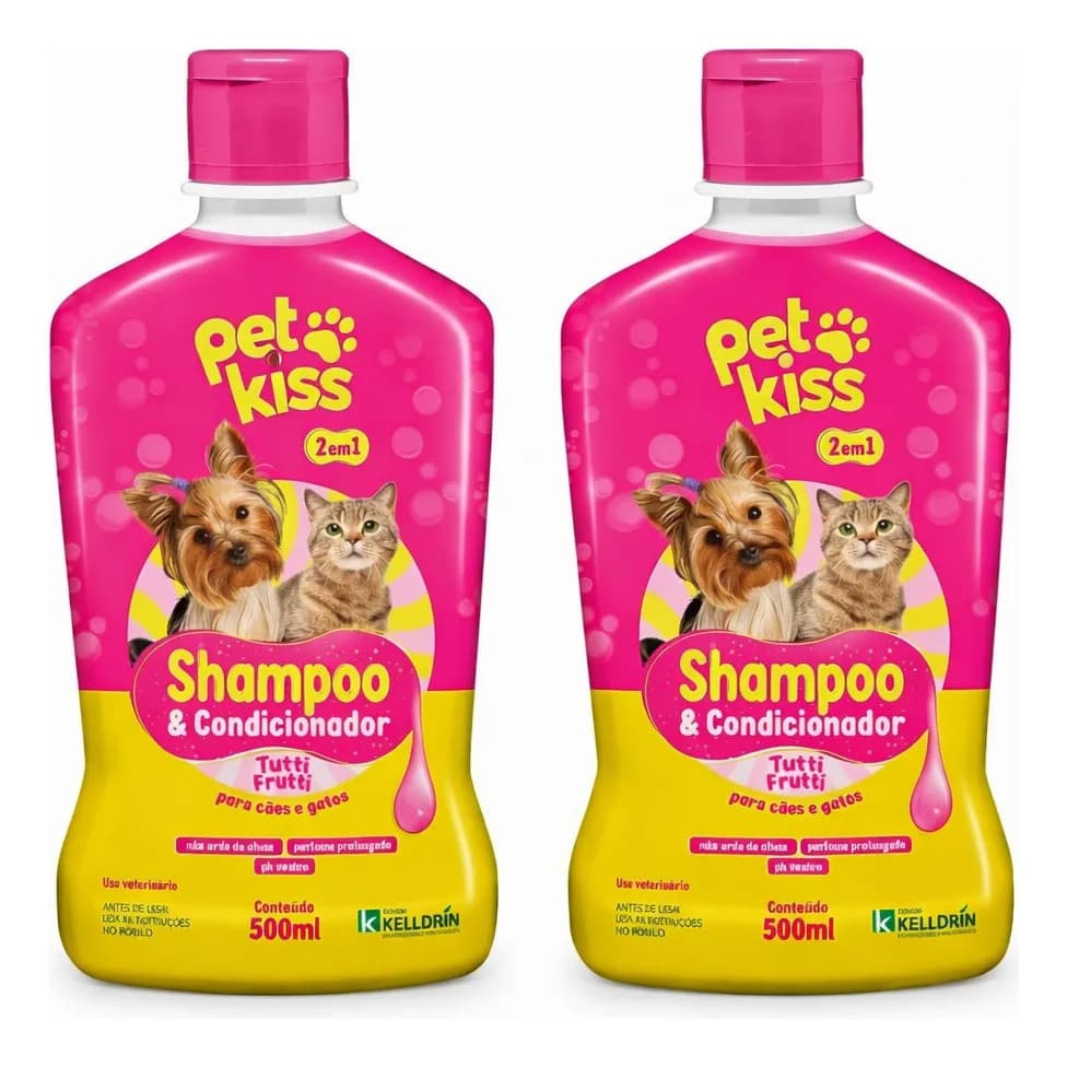 Kit Banho Pet 1 Litro Shampoo 2 em 1 Tutti-Frutti Pet Kiss Cães e Gatos