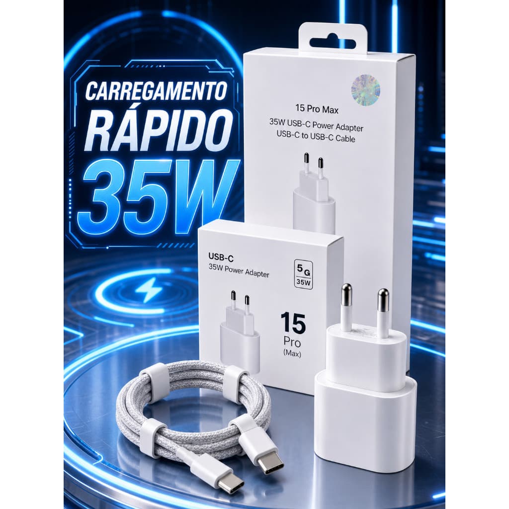 Carregador iPhone 15 16 17 Pro Max 35W Turbo USB-C Fonte + Cabo Tipo-C 1M PD