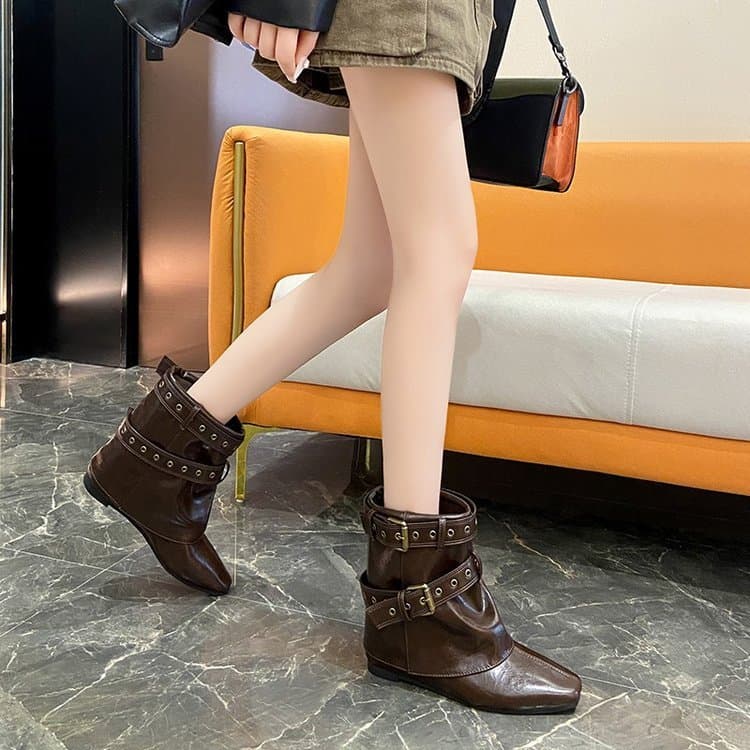 Botas Femininas de Bico Quadrado, Botas Curtas Soltas, Sola Plana, Aumento Interno de Altura, Botas Casuais de Moda, Tam
