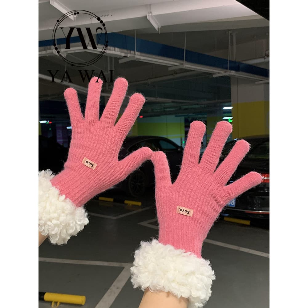 Luvas de borda de pelúcia feminino inverno bonito All-Match estudante tela sensível ao toque sem dedos pulseira estendid