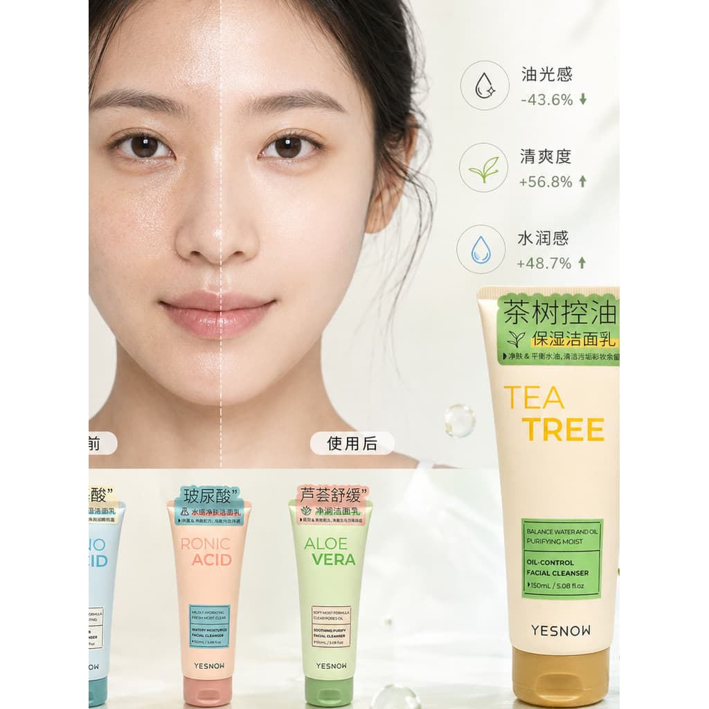 Yingxue YESNOW Limpador de Aminoácidos Aloe Calmante Chá Árvore Controle de Óleo Ácido Hialurônico Água Limpador Facial