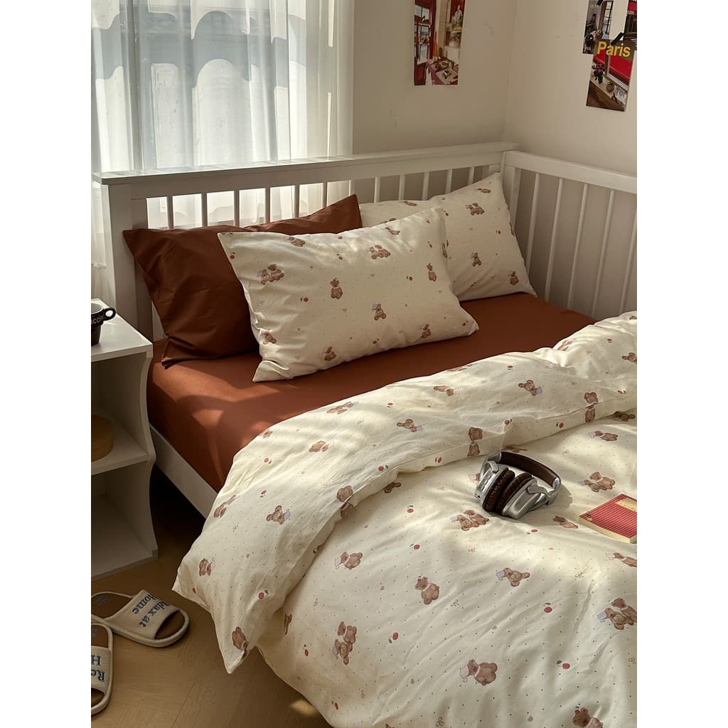 Conjunto de quatro peças de cama de algodão estilo ins, desenho animado, menina fofa, coração, 1.5m, lençol, capa de edr
