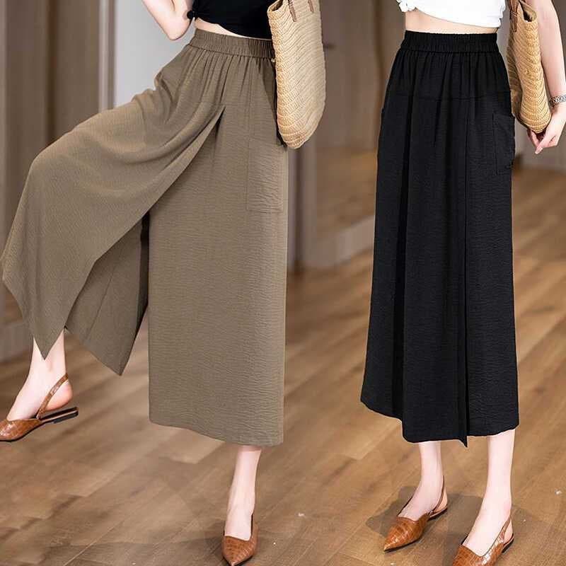Calças Femininas Finas Soltas De Cintura Alta Fenda Estilo Preguiçoso Casuais De Pernas De Três Pontos Na Moda