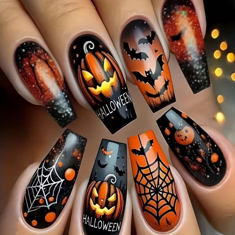 Estoque pronto Halloween Long Ballet Wear Unhas Abóbora Morcego Teia de Aranha Unhas Falsas Escuras Festa Destacável Man
