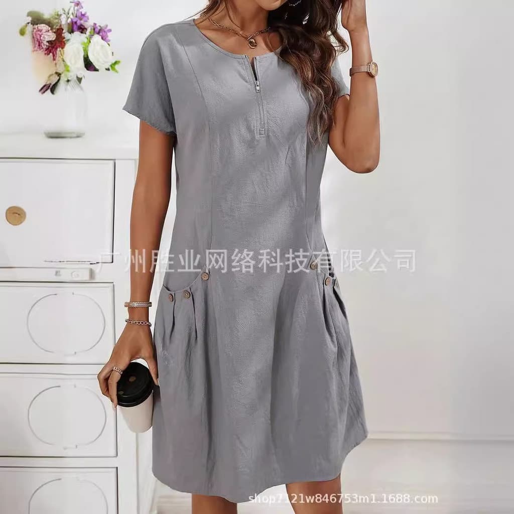 2026 novo estilo Cross-Border comércio exterior roupas femininas verão pronto estoque puro algodão linho bolso zíper col