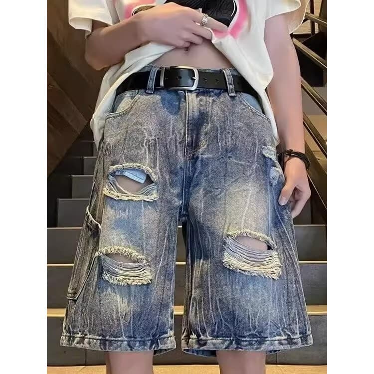 Americano rasgado Denim Shorts masculino verão High street solto em linha reta Retro street Wear lavado mendigo calças d