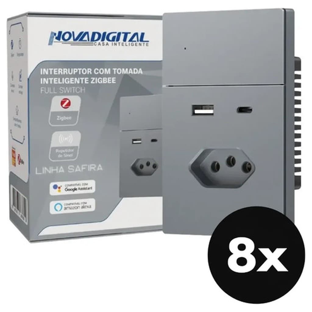 Kit 8 Interruptor Inteligente Tomada USB Tipo C NovaDigital Safira Cinza ZigBee Alexa Google