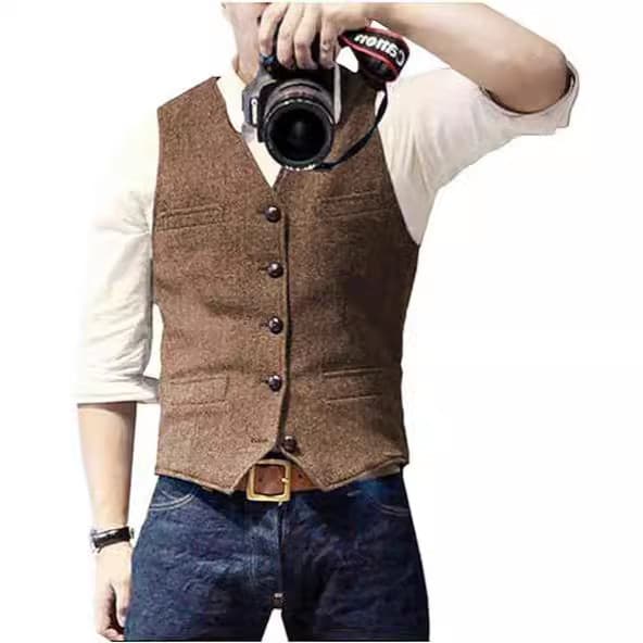 Colete De Tweed Vintage Para Homens , Decote Em V , Sem Mangas , Com Vários Bolsos Banquete Formal , Roupa Diária